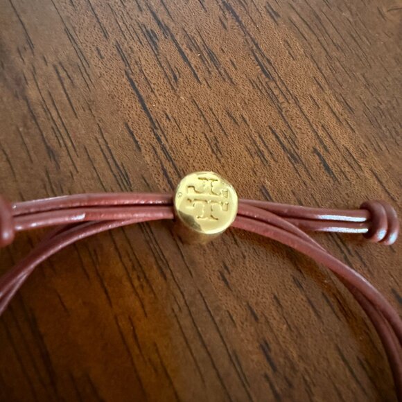 Tory Burch Miller Adjustable Brown Leather Bracelet Gold Sunburst Logo Charm - Picture 7 of 8